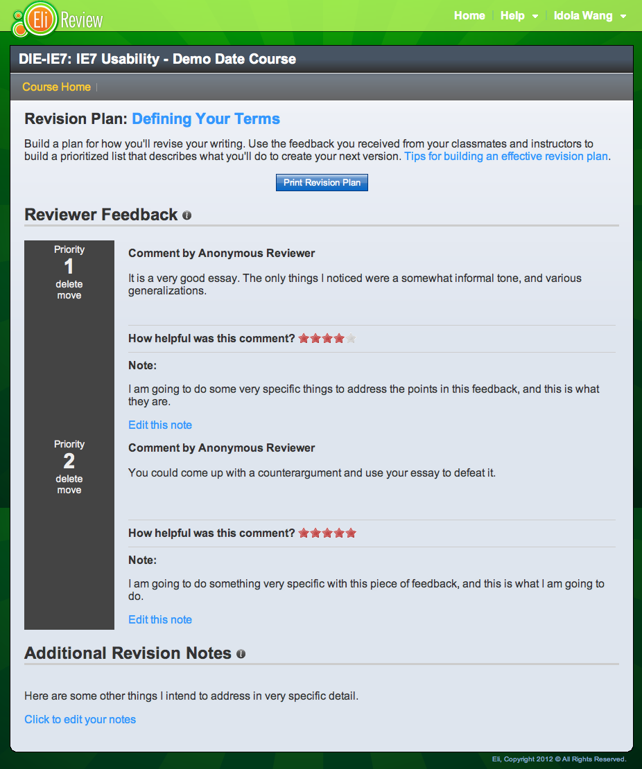 Writers can arrange the feedback they've added to a revision plan according to priority, can add notes to each piece of feedback, and can add free-form notes.