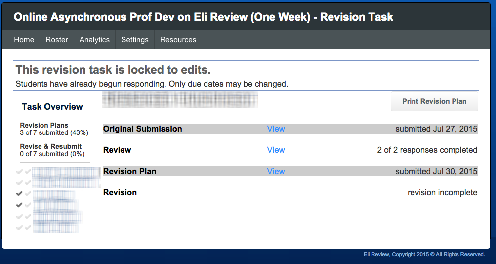 The time-saving display for instructors who want to see the full context of student's writing process (participant names redacted). revisionplan