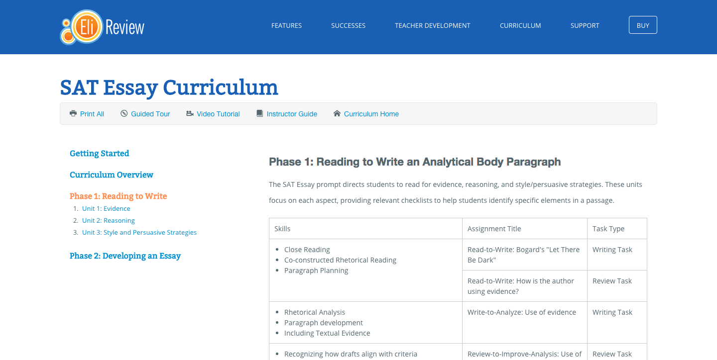 Screenshot of the first phase of our SAT essay practice curriculum. screenshot