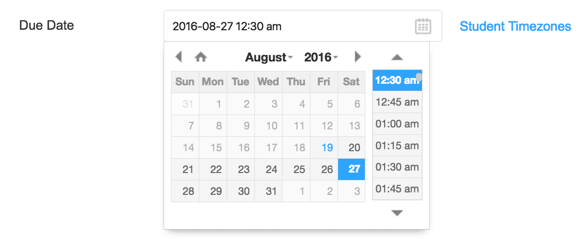 The new datepicker makes it easy to select both a date and a time for due dates. instructor-datepicker