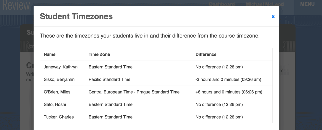 The new "Student Timezones" display makes it easy to quickly see what kind of impact a due date will have for students in different timezones. student-timezone-differences