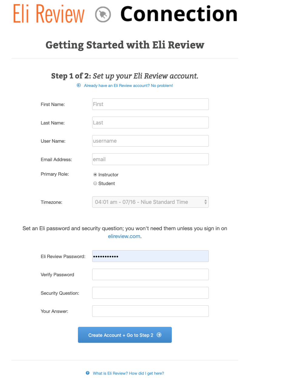 Fill out the form, including password and security question.