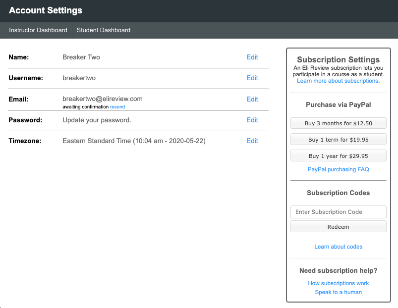 Account Settings show subscription options