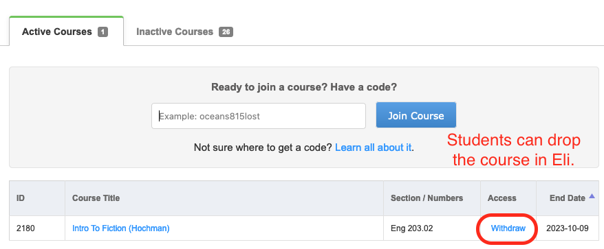 The student dashboard includes an option to withdraw from a course.