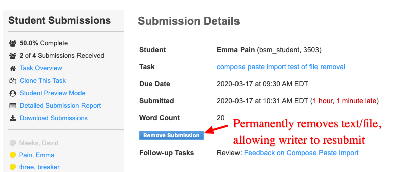 Remove submission allows writers to replace incorrect submissions.