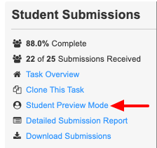 Student Preview appears in list of options in upper left of assigned writing task