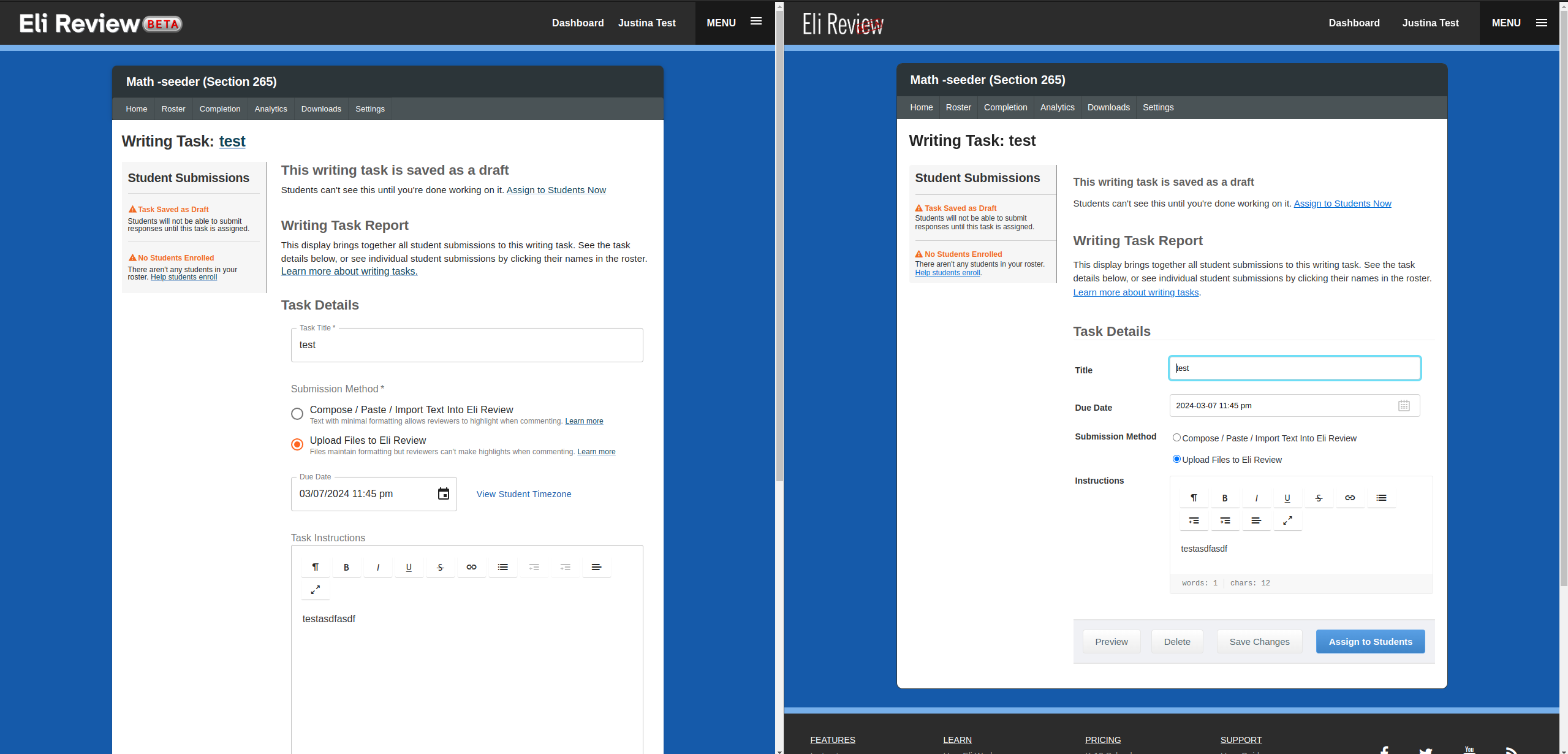 Beta vs Classic Manage Writing Task